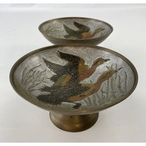 2 Vintage German Detailed Enamel on Brass 2 Flying Geese‎ Ducks Decorative Bowls